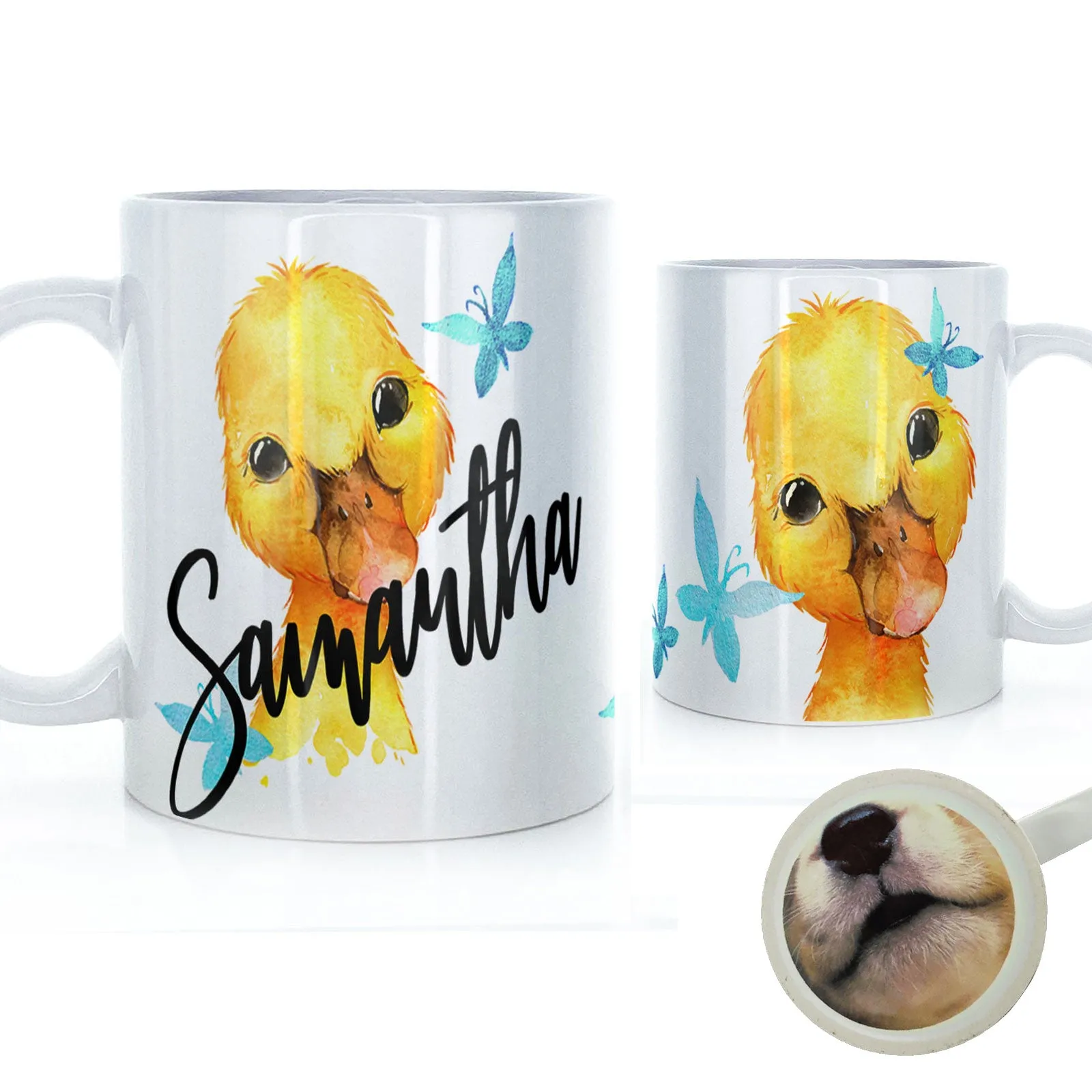 Personalised Mug with Stylish Text and Blue Butterfly Duckling