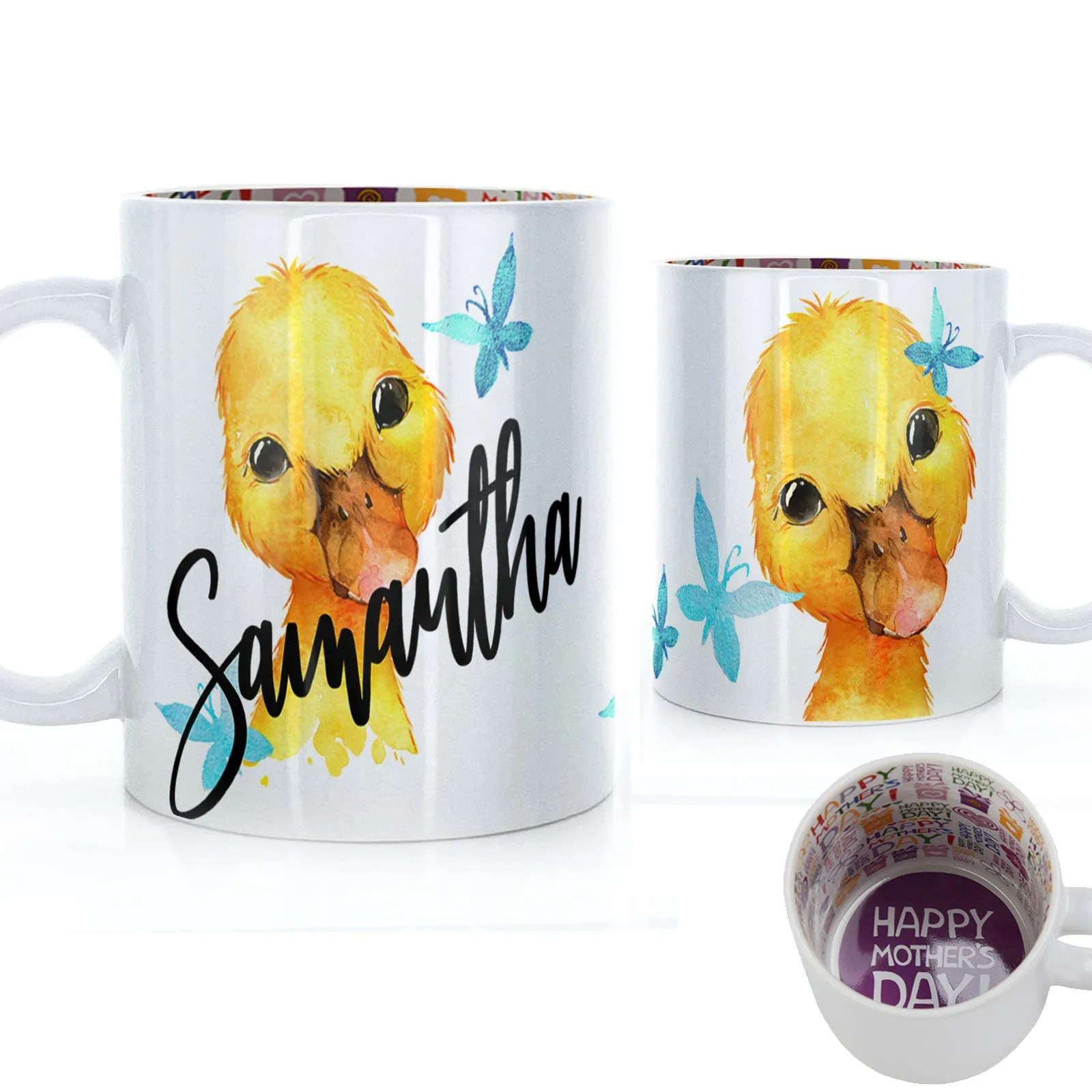 Personalised Mug with Stylish Text and Blue Butterfly Duckling