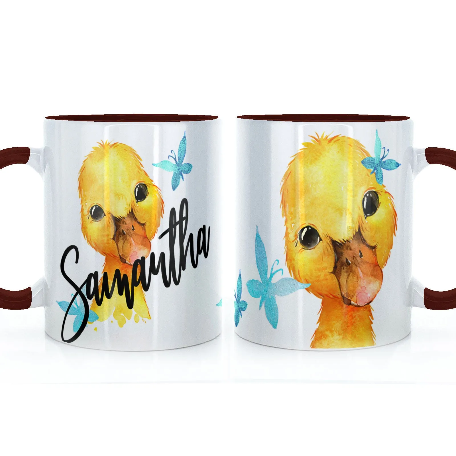 Personalised Mug with Stylish Text and Blue Butterfly Duckling