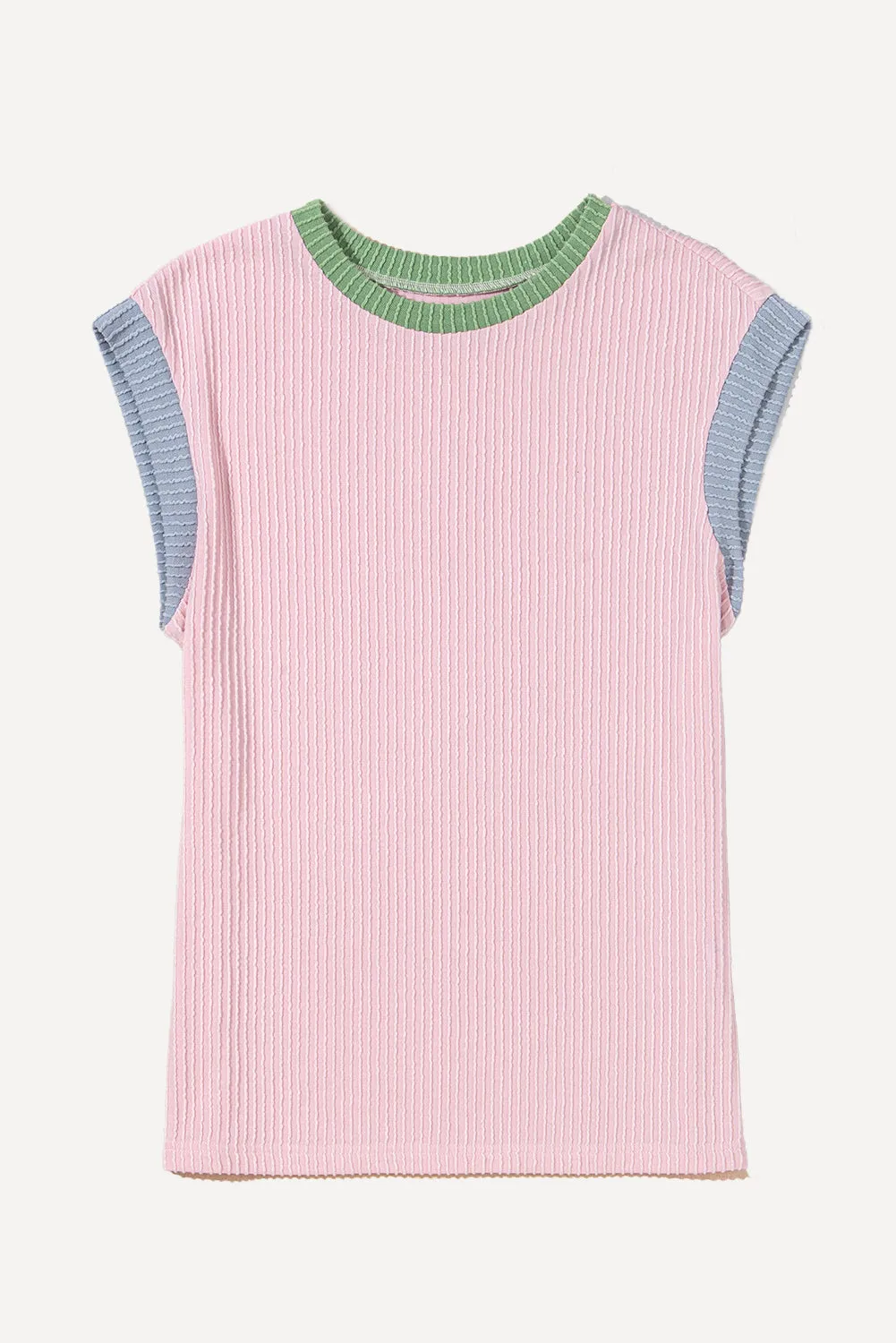 Pink Color Block Corded Knit Crew Neck Tee