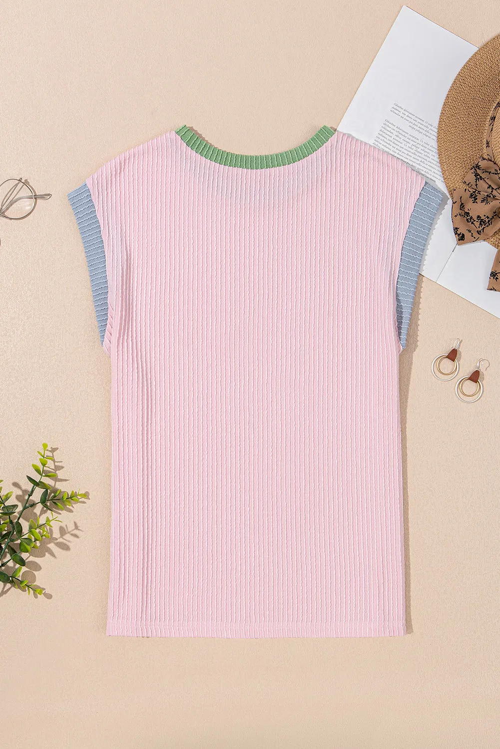 Pink Color Block Corded Knit Crew Neck Tee