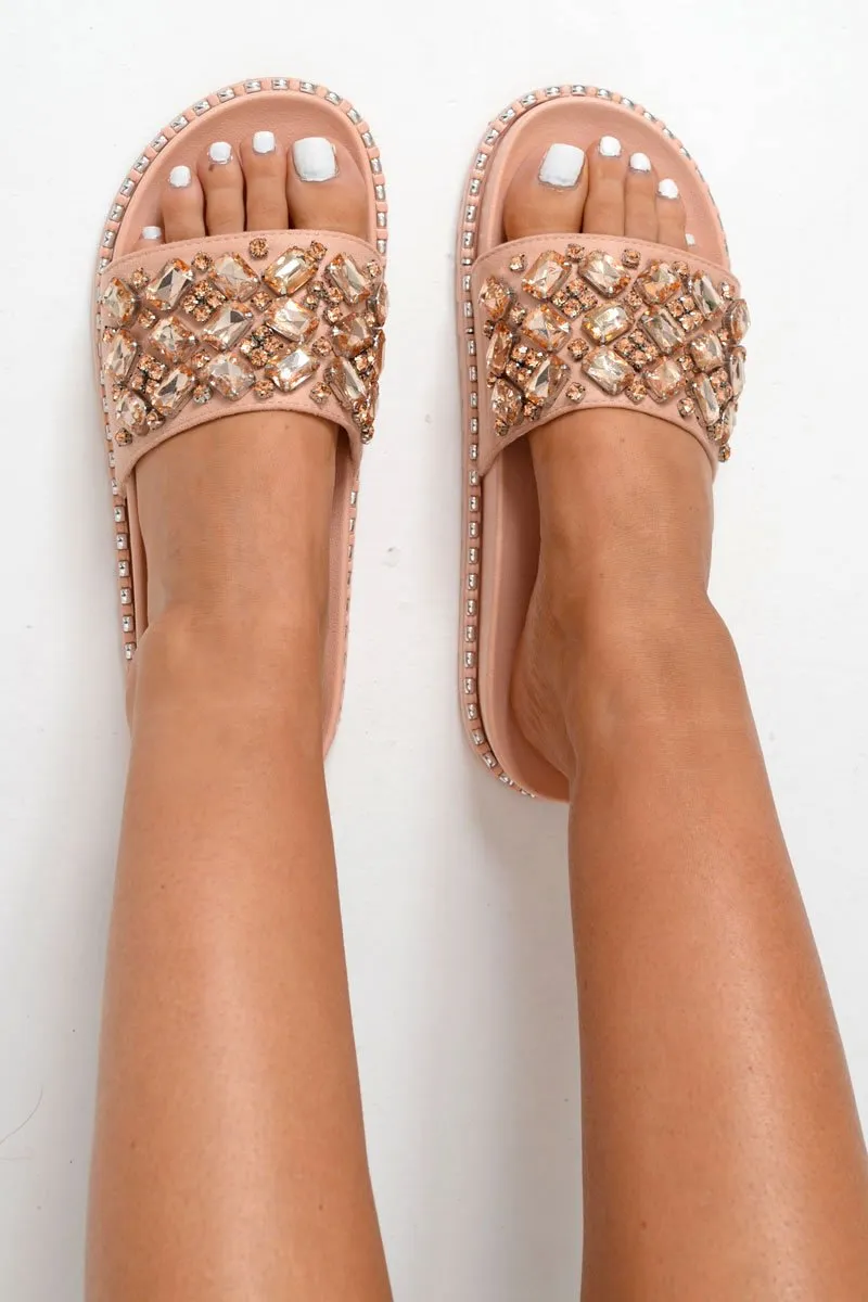 Pink Faux Suede Jewel Sliders - Cosette