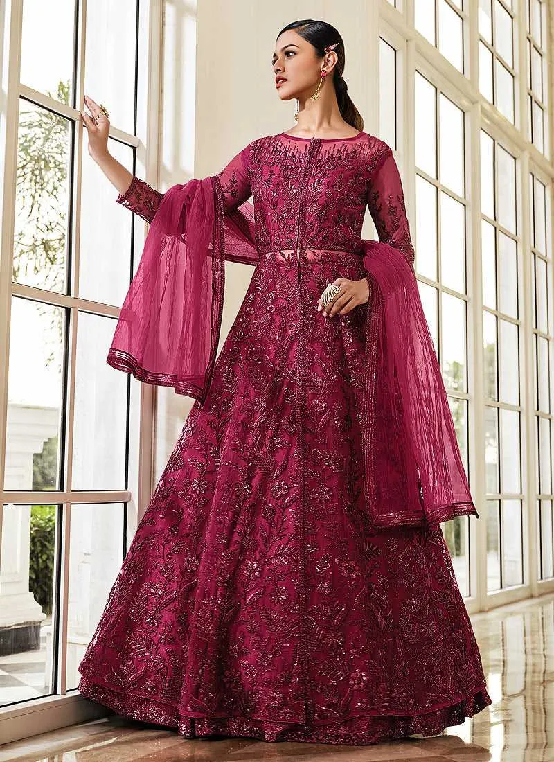 Pink Floral Embroidered Stylish Lehenga/ Pant Style Anarkali