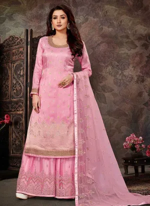 Pink Gold Embroidered Stylish Palazzo Style Suit