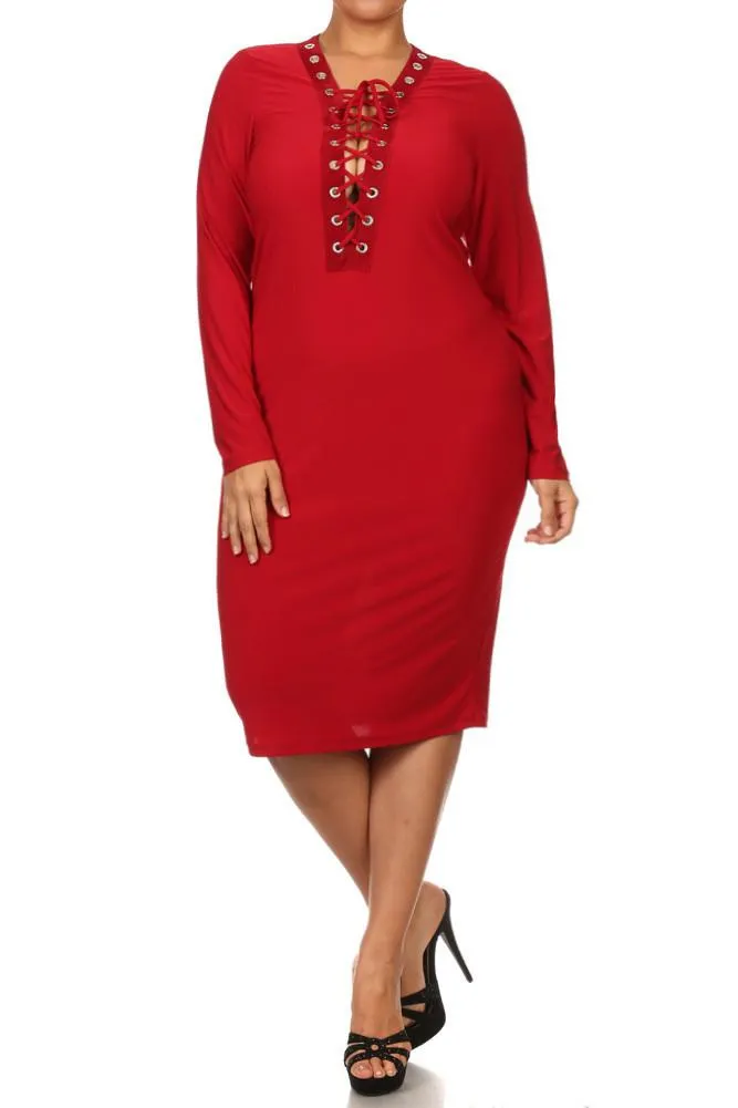 Plus Size Lace Up Seduction Neckline Dress