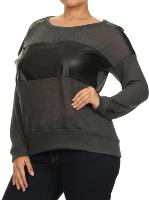 Plus Size Stylish Leather Panel knitted Grey Top