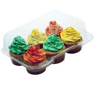 Premium Clear Cupcake Container Boxes - 4" High Dome with 6 Slot/Compartment - Durable Cup Cake Carrier Holder for Large Cupcakes - Set of 12
