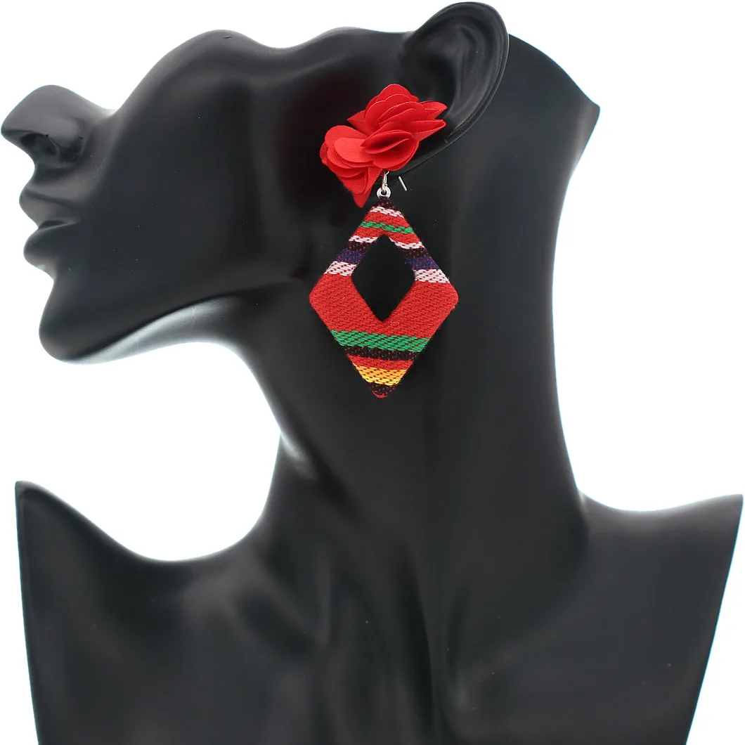 Red Flower Woven Rhombus Shaped Earrings
