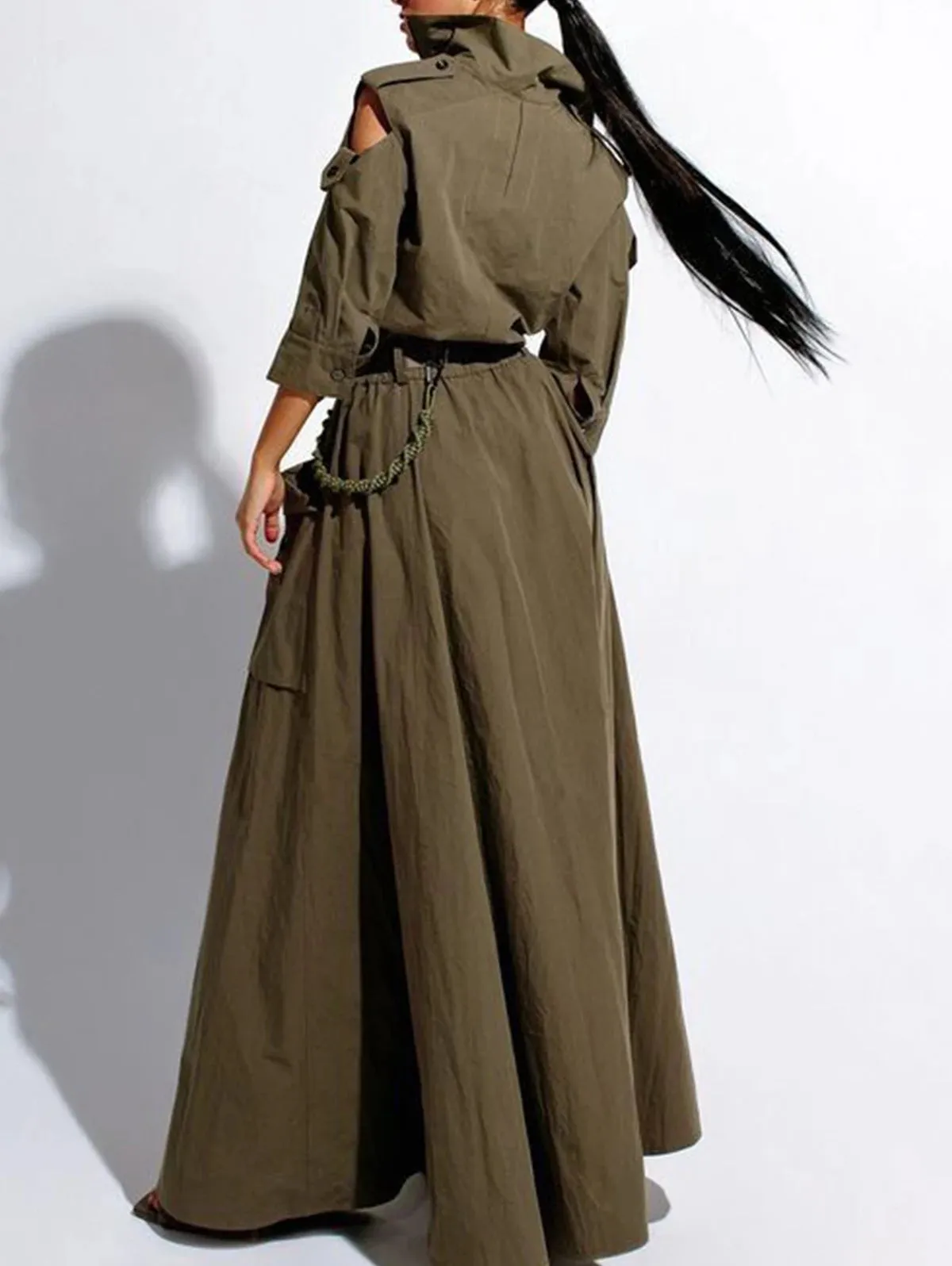 Retro Cold Shoulder Maxi Dress with Belt and Pockets