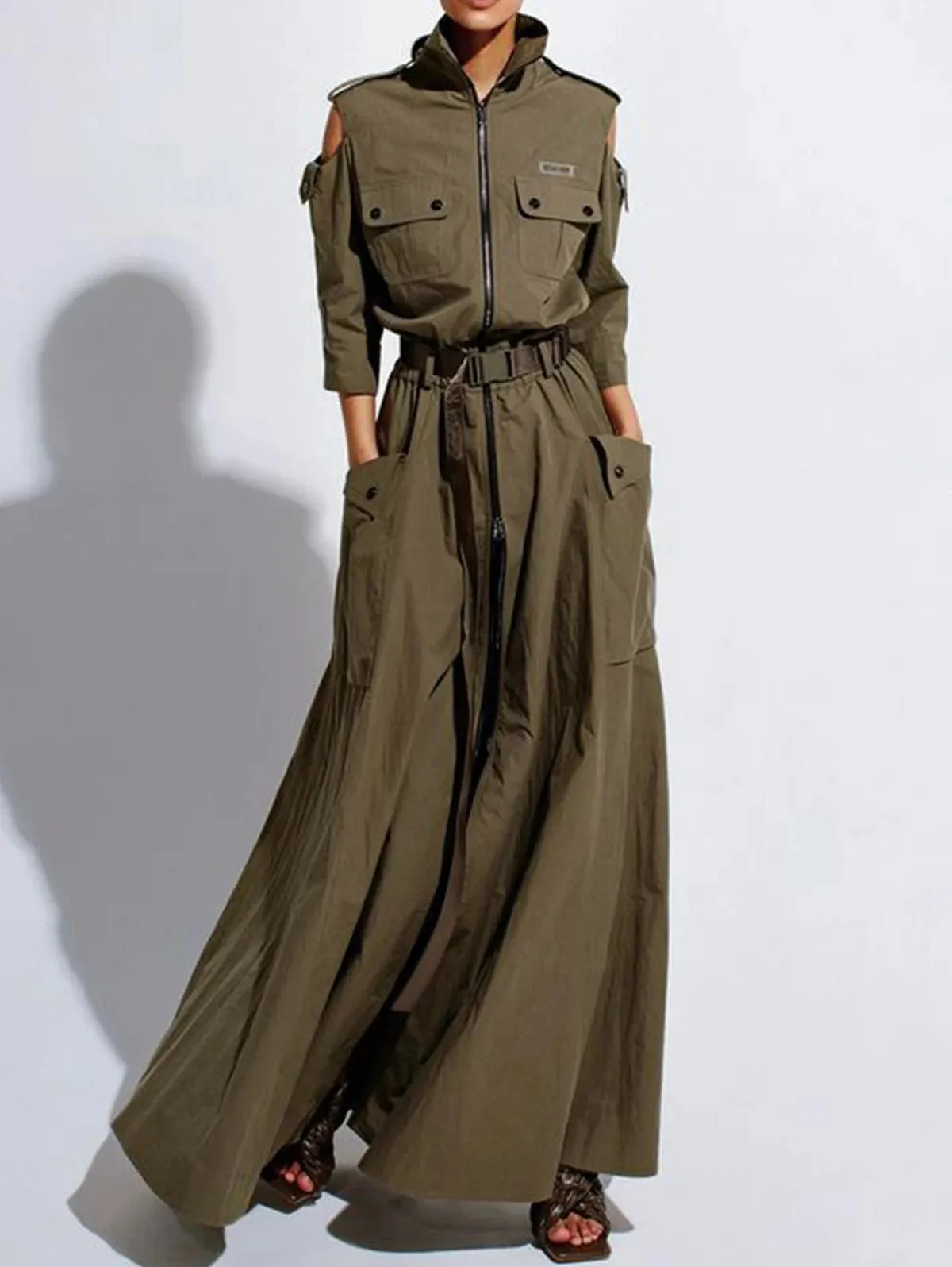 Retro Cold Shoulder Maxi Dress with Belt and Pockets