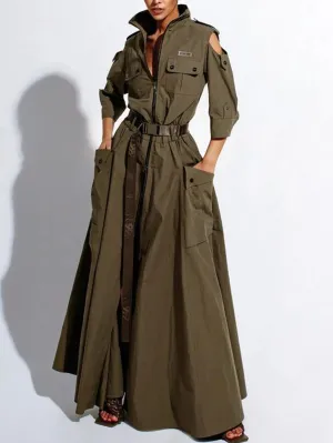 Retro Cold Shoulder Maxi Dress with Belt and Pockets