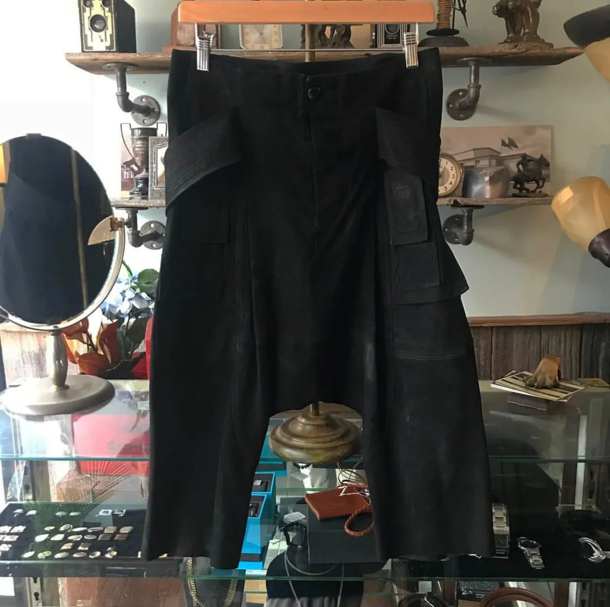 Rick Owens Black Suede Cargo Cropped Trouser - XS