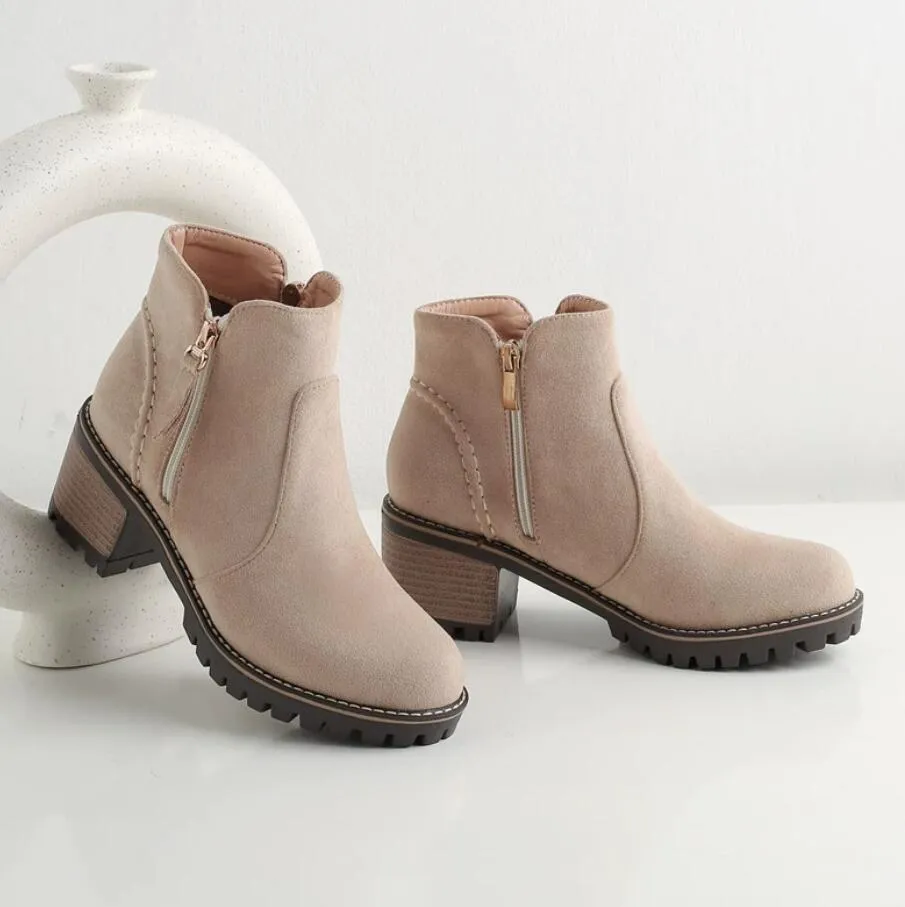 Small Size Block Heel Side Zipper Ankle Boots AS120
