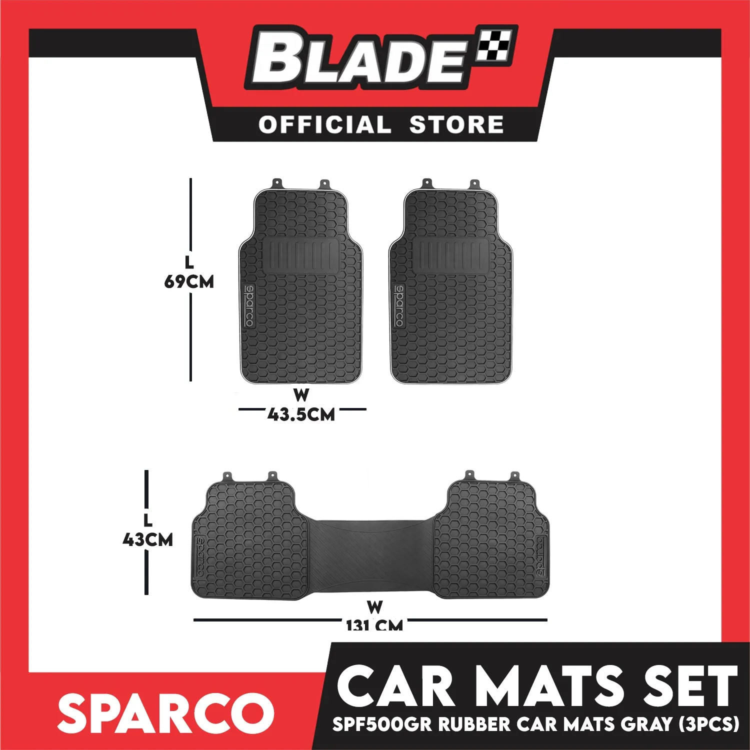 Sparco Corsa Car Mats Set of 3pcs Universal And Quick Installation SPF500GR (Black with Gray) Rubber And Durable