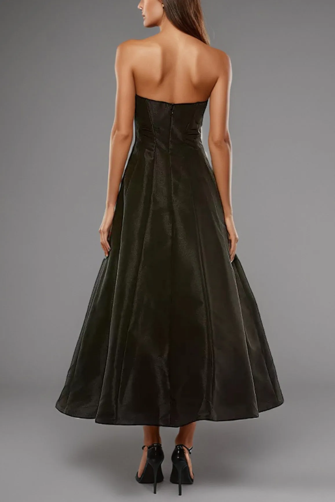 Strapless Simple Black Tea Length Party Dress with Bowknot