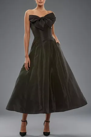 Strapless Simple Black Tea Length Party Dress with Bowknot
