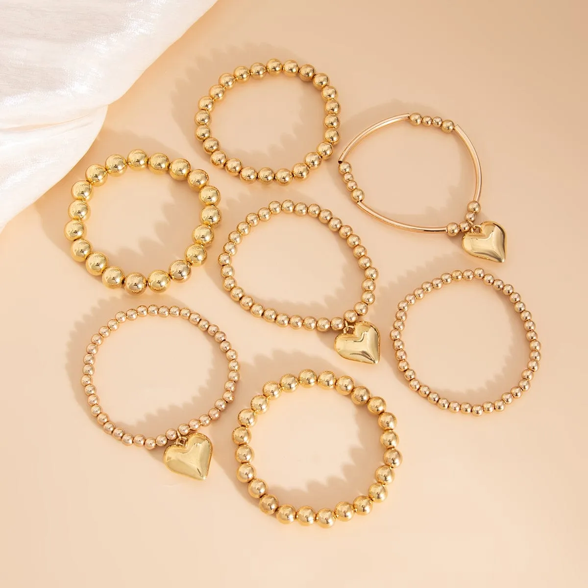 Stylish 7pcs Gold Silver Tone Heart Pendant Ball Chain Bracelet Set