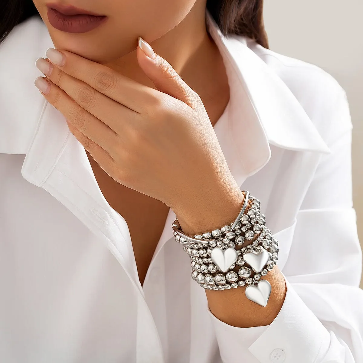 Stylish 7pcs Gold Silver Tone Heart Pendant Ball Chain Bracelet Set