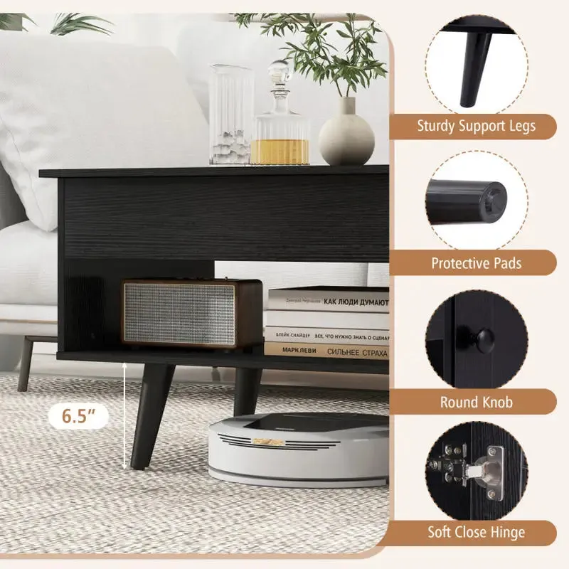 Stylish Black Coffee Table with Hidden Storage Compartment