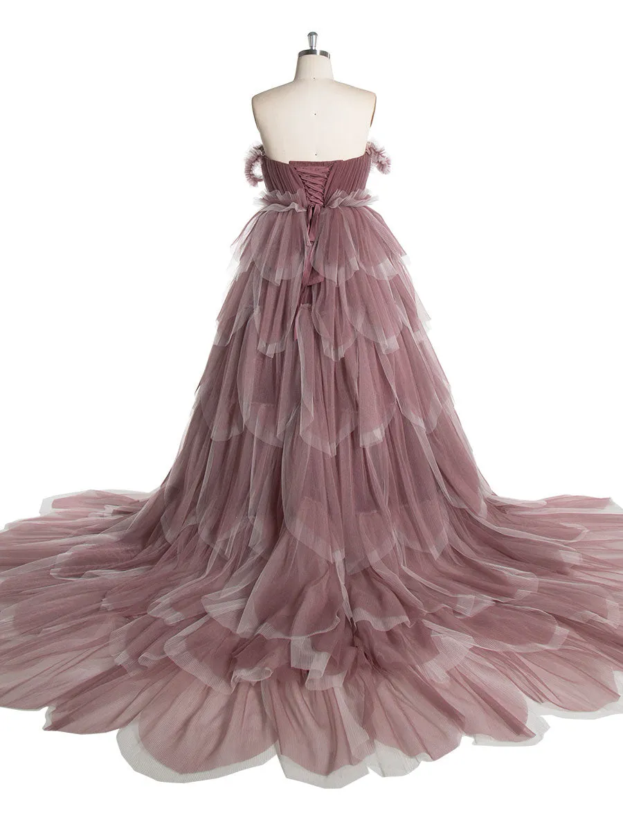Stylish Colorful Wedding Dresses 60cm Train Layered Tulle Dress for Photo Shoot YW240053