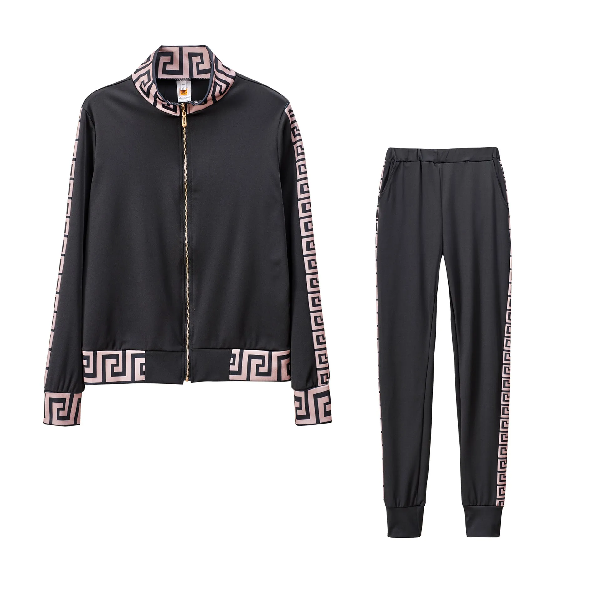 Stylish  Greek Fret Print Coat & Pant Zip Sets