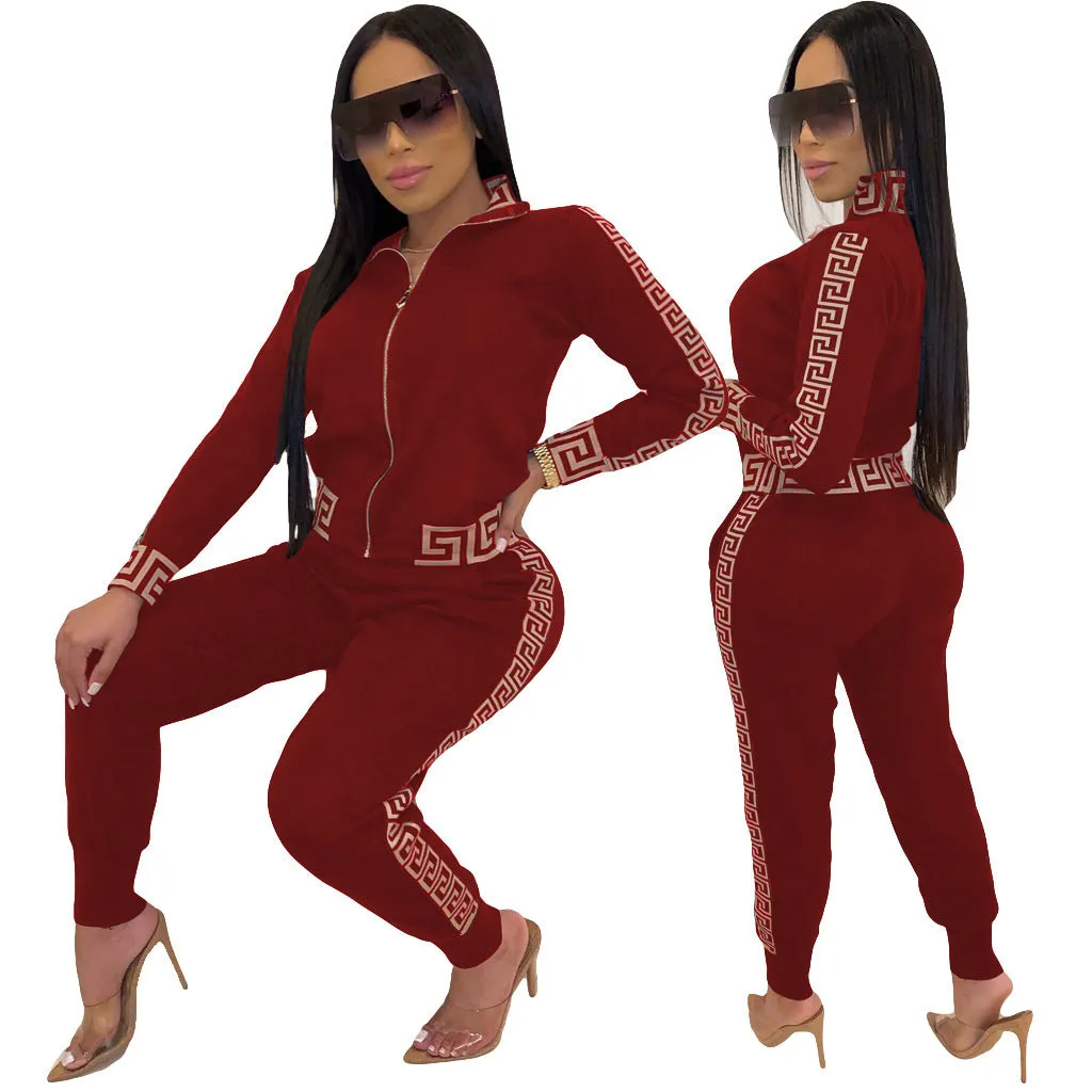 Stylish  Greek Fret Print Coat & Pant Zip Sets