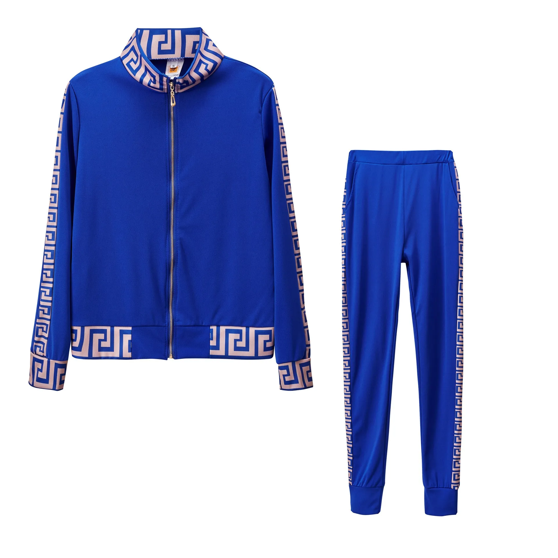 Stylish  Greek Fret Print Coat & Pant Zip Sets