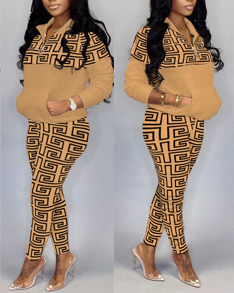 Stylish  Greek Fret Print Coat & Pant Zip Sets