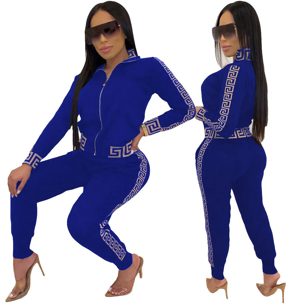 Stylish  Greek Fret Print Coat & Pant Zip Sets