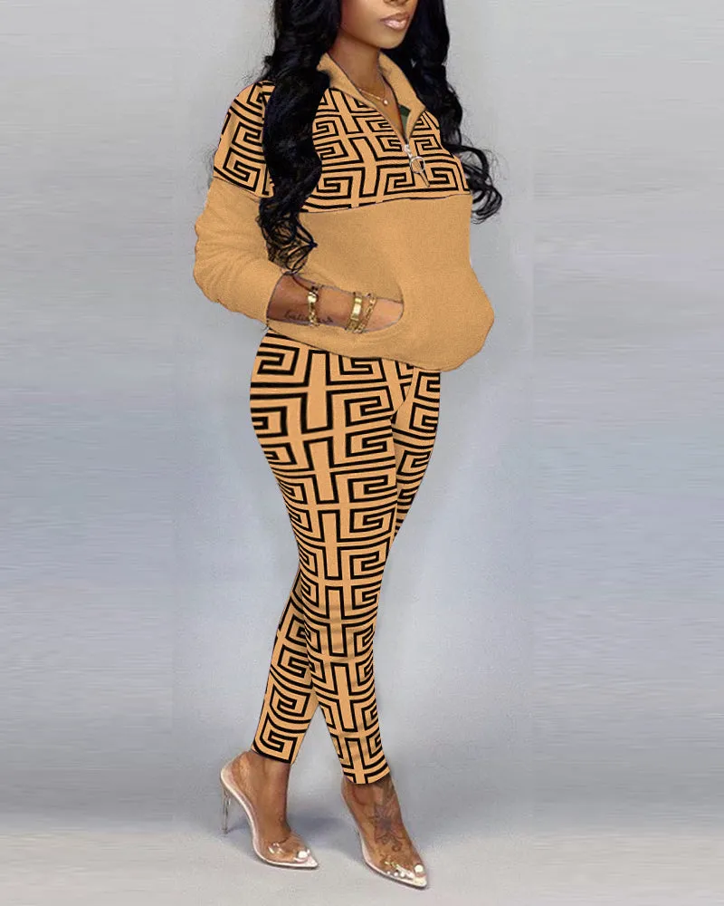 Stylish  Greek Fret Print Coat & Pant Zip Sets