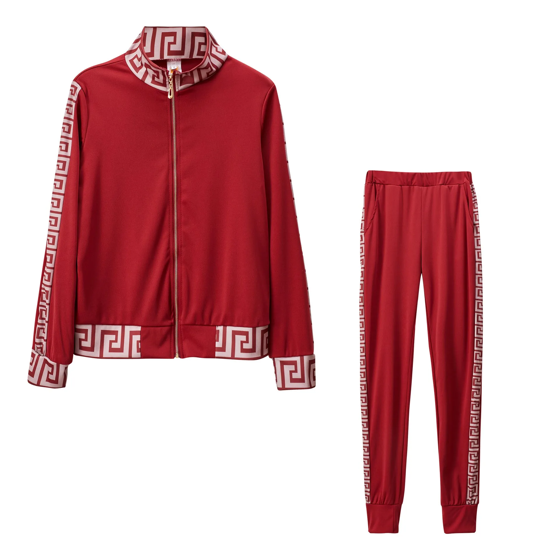Stylish  Greek Fret Print Coat & Pant Zip Sets