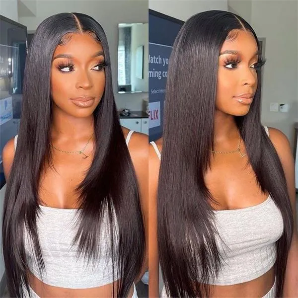 Stylish Layered Cut Straight Transparent 5x5 Closure Lace Wig Pre-plucked Haircut Wig