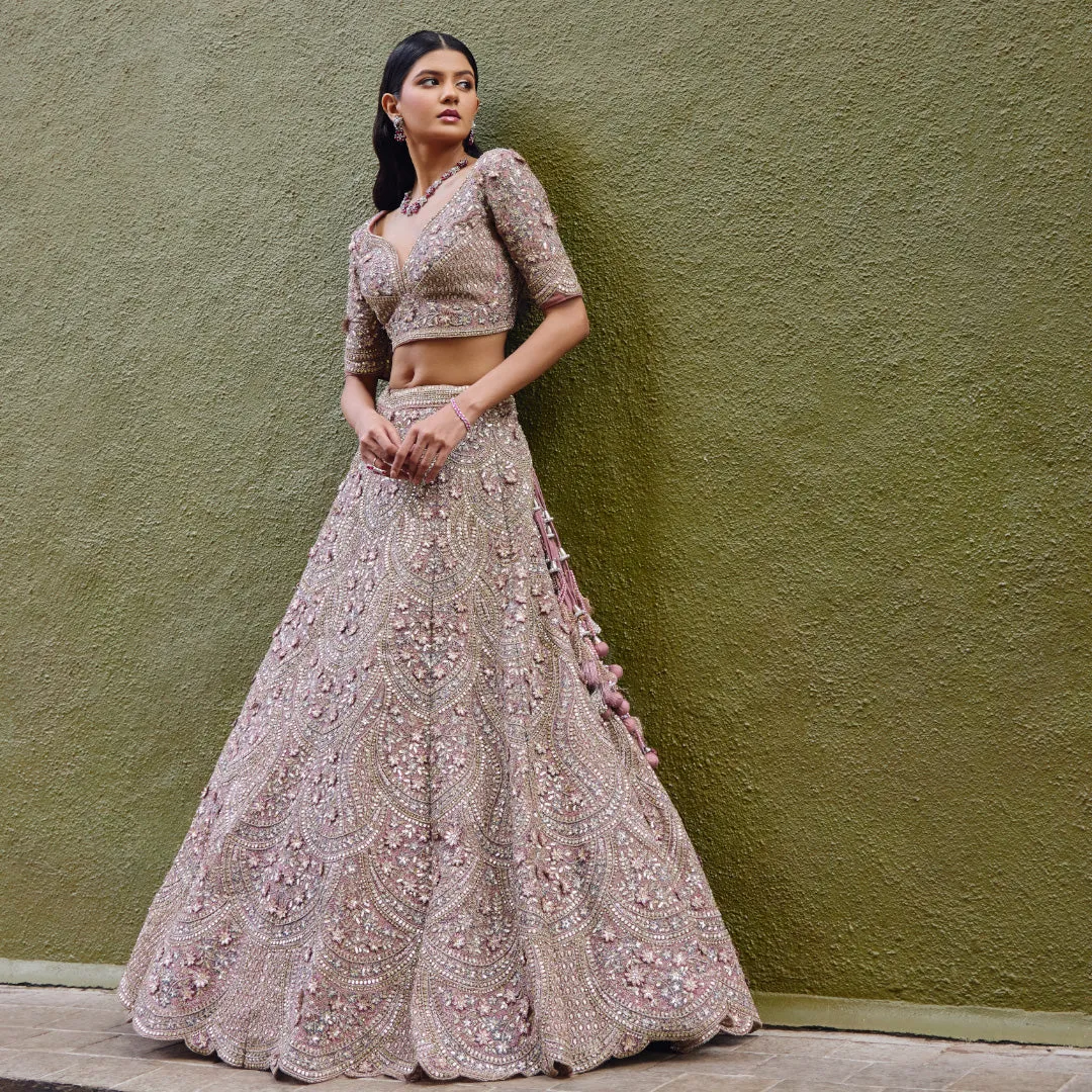Stylish Lilac Bridal Lehenga Adorned with Exquisite Floral Work