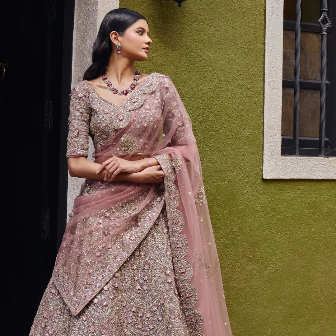 Stylish Lilac Bridal Lehenga Adorned with Exquisite Floral Work