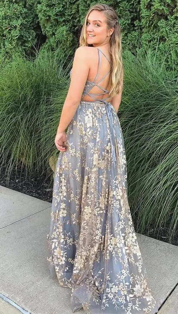 Stylish Tulle Grey Lace A-line V-neck Long Prom Dresses, Evening Gowns, SP776