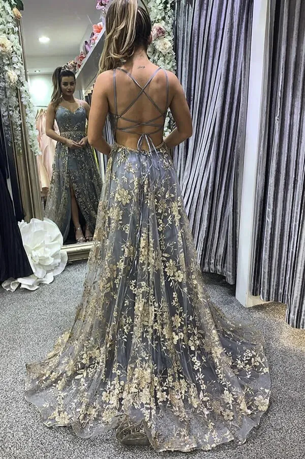 Stylish Tulle Grey Lace A-line V-neck Long Prom Dresses, Evening Gowns, SP776