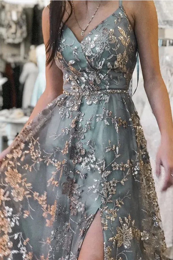 Stylish Tulle Grey Lace A-line V-neck Long Prom Dresses, Evening Gowns, SP776