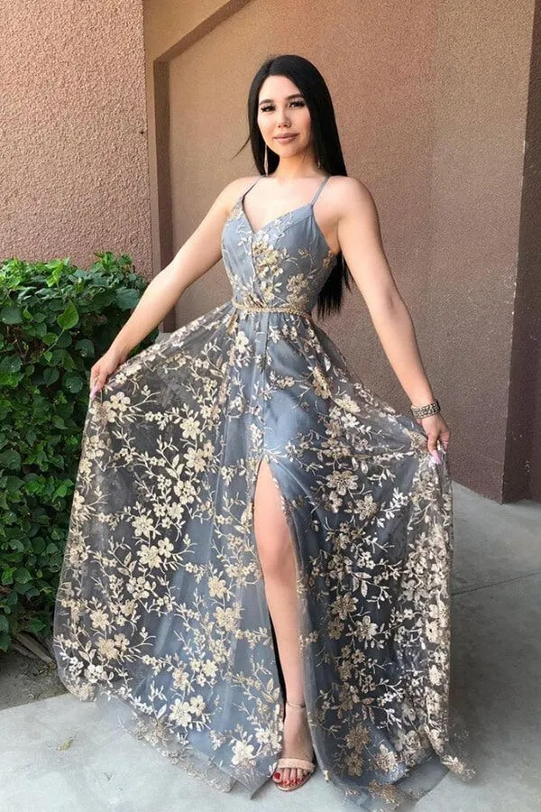 Stylish Tulle Grey Lace A-line V-neck Long Prom Dresses, Evening Gowns, SP776