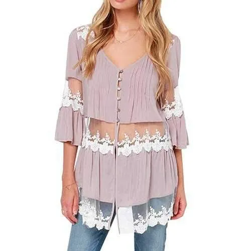 Stylish V Neck 3/4 Sleeve Lace Spliced Women's Blouse - Purple S