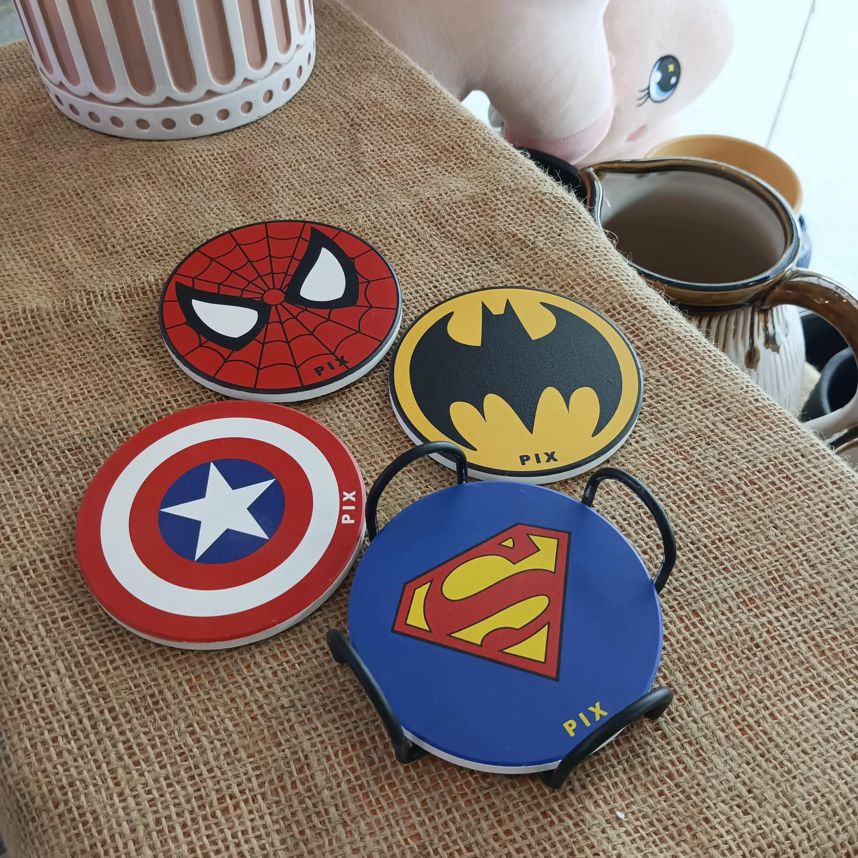 Superhero Porcelain Coasters Set with Metal Rack