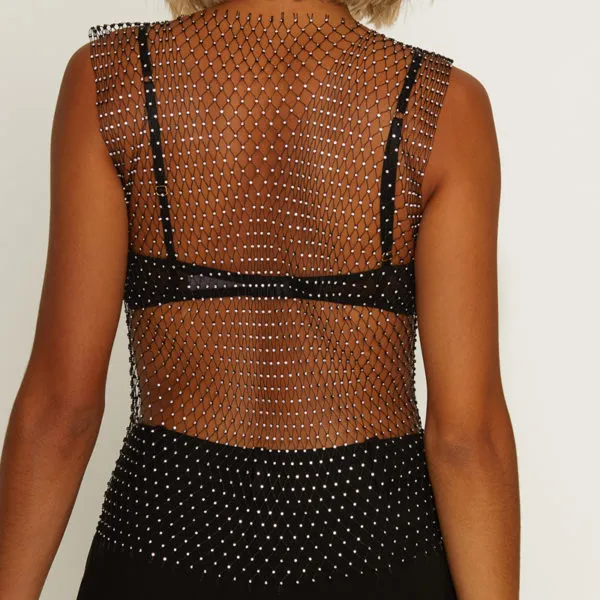 T001 Super Stylish Diamante Studded Mesh Top