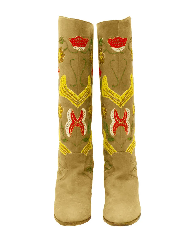 Tan Suede Floral Embroidery Boots