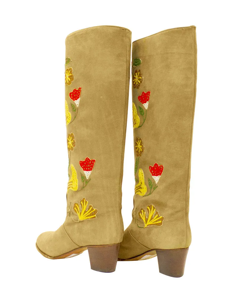 Tan Suede Floral Embroidery Boots