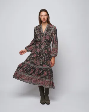 tess print l/slv pintucked dress - black