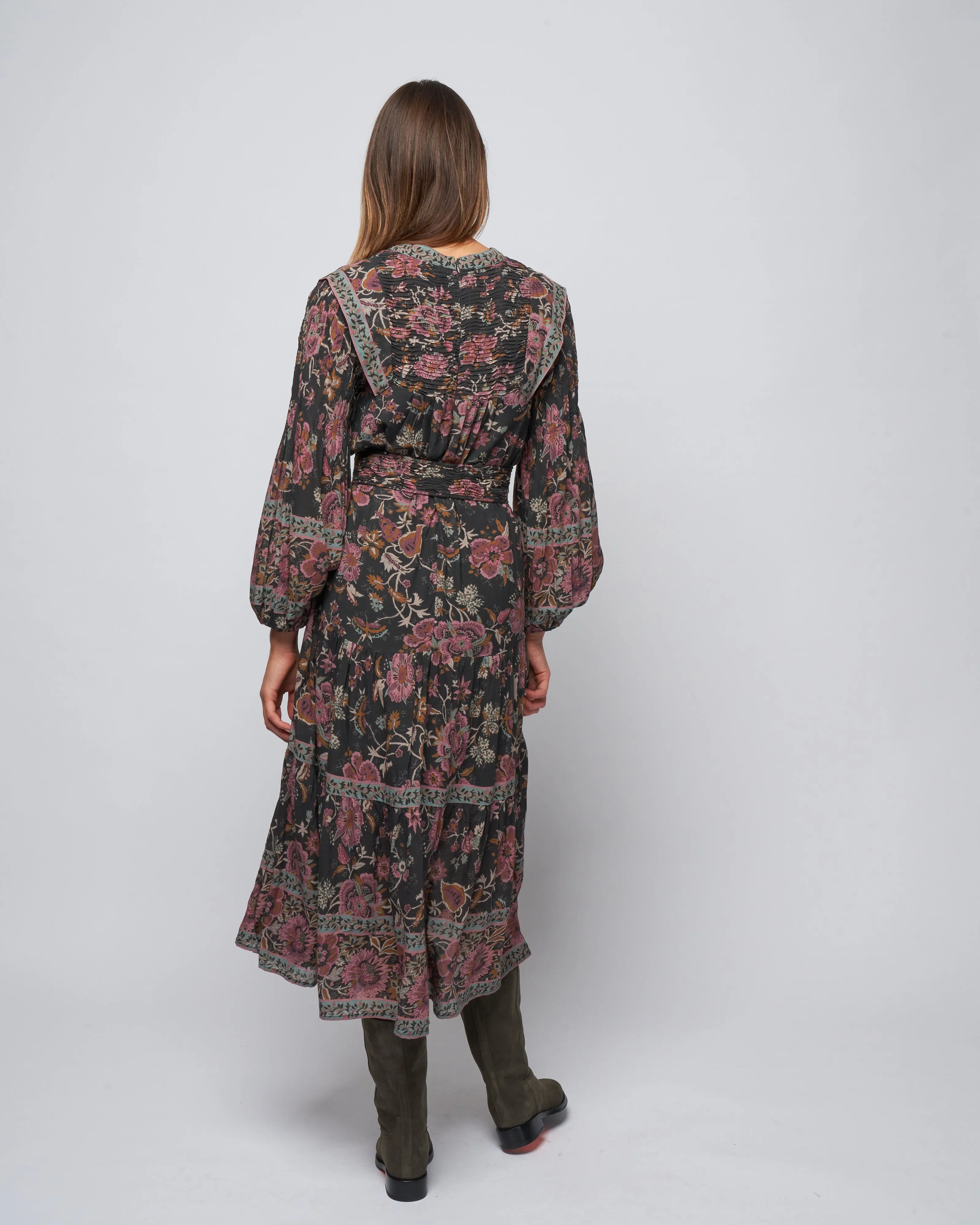 tess print l/slv pintucked dress - black