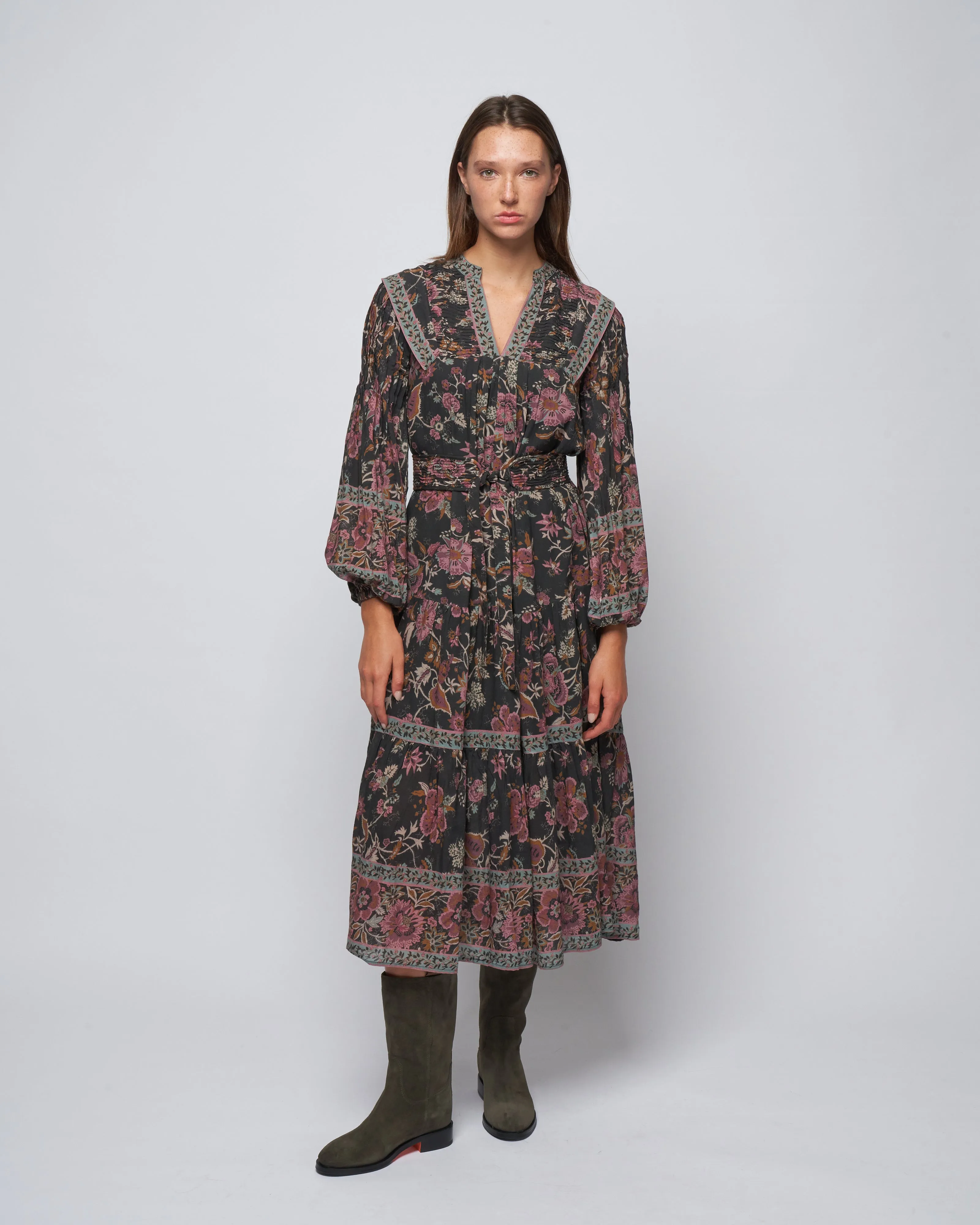 tess print l/slv pintucked dress - black