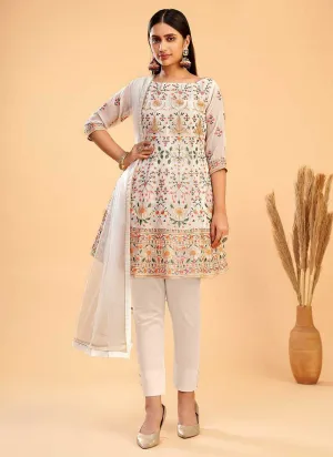 White and Gold Floral Embroidered Stylish Pant Suit