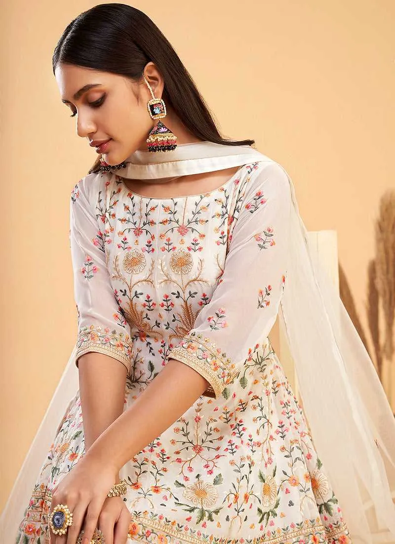 White and Gold Floral Embroidered Stylish Pant Suit