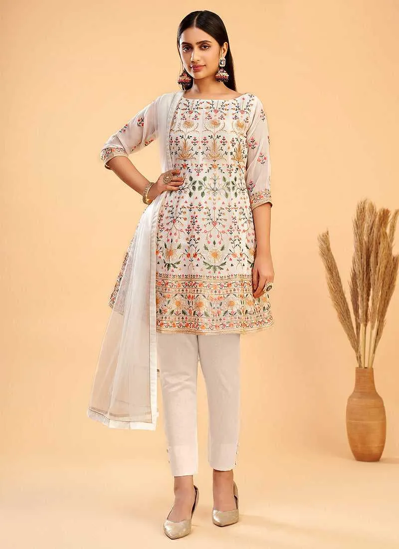 White and Gold Floral Embroidered Stylish Pant Suit