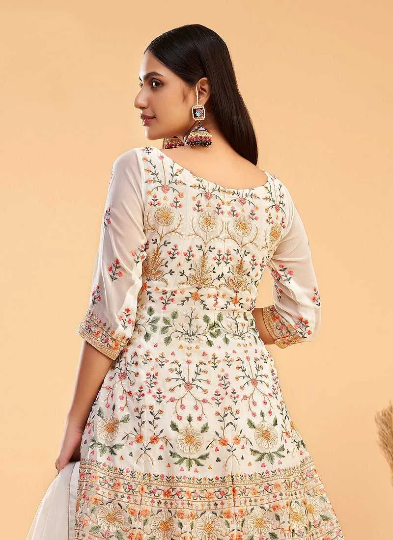 White and Gold Floral Embroidered Stylish Pant Suit